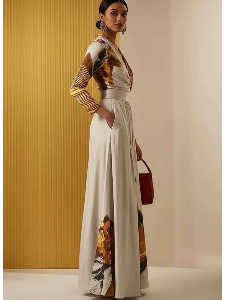 Women's Printed Slim Fit Jumpsuit V-neck Long Sleeves High Waist Wide Leg Coverall Elegant Commuter Outfit for Office Ladies