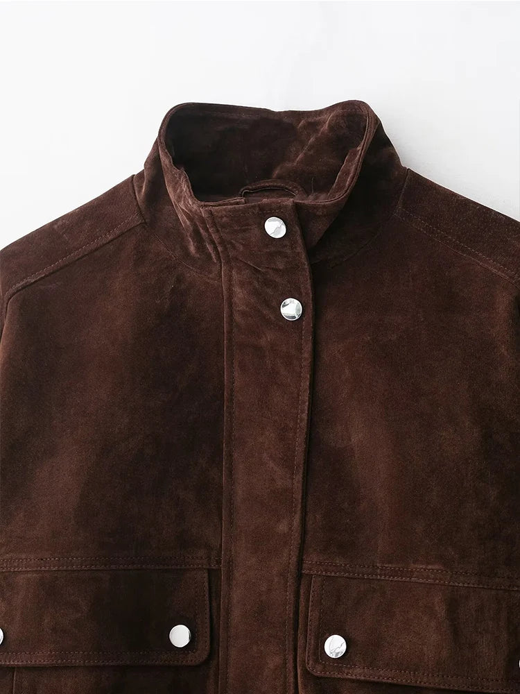 Women Suede Jacket 2025 New Spring Fashion Long Sleeve Zipper Loose Coat Chic Female High Street Outerwear ﻿