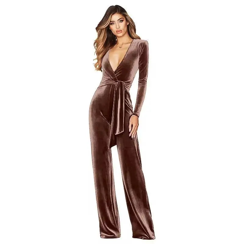 HLJ Elegant Women Velvet Jumpsuits Sexy Deep V Neck One Piece Outfit  Sashes Belted Wide Legs Long Pants Jumpsuit Party Clubwear
