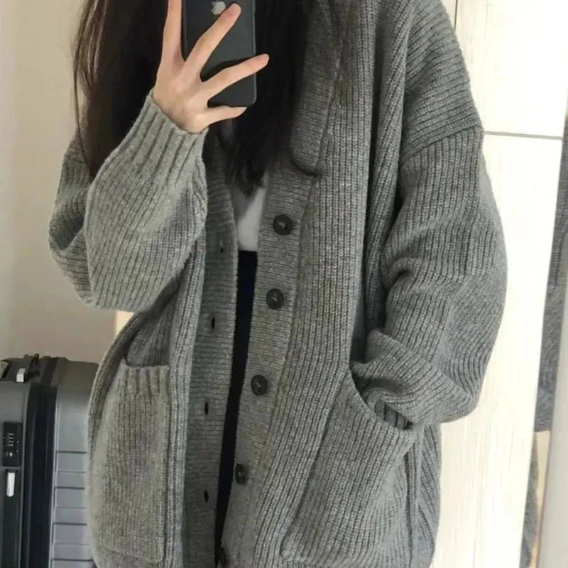 Korean College Style Single Breasted Cardigans Loose and Lazy V-neck Big Pocket Knitted Cardigan Women's Popular Coat Sweater