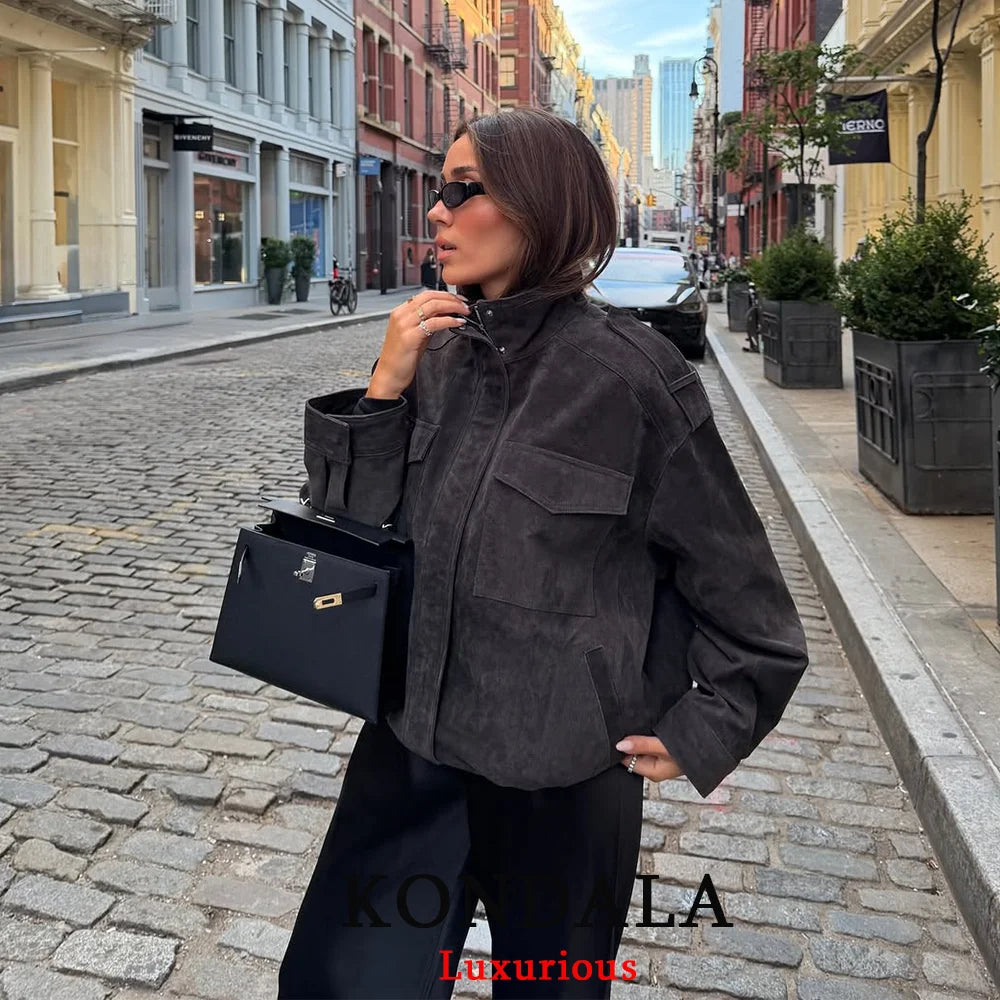 KONDALA Chic Suede Women Bomber Jacket Women Long Sleeve Pockets Straight Loose Coat Fashion 2025 Fall Winter Streetwear Outwear