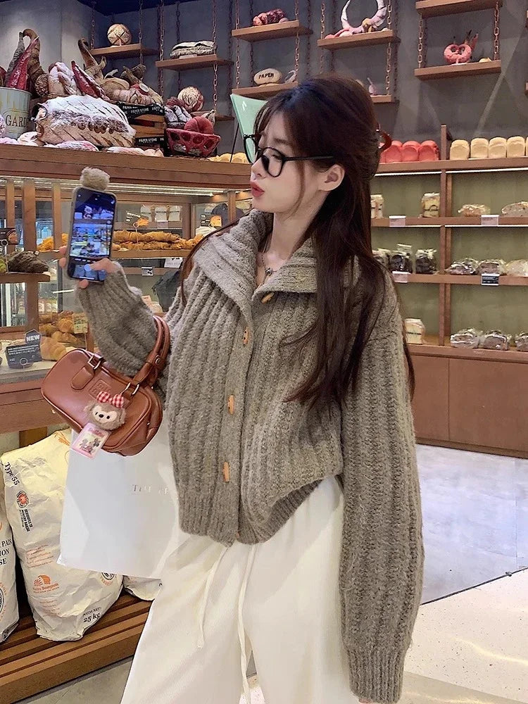 Vintage Horn Buckle Turtleneck Sweater Cardigan Jacket Winter Women's Elegant Loose Thickened Knitted Top