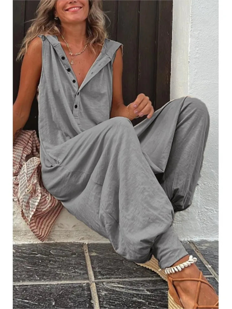 Fashionable Sleeveless Hooded Collar Jumpsuit Women Spring Summer Button Pocket Loose Casual Baggy Pants Jumpsuits Female