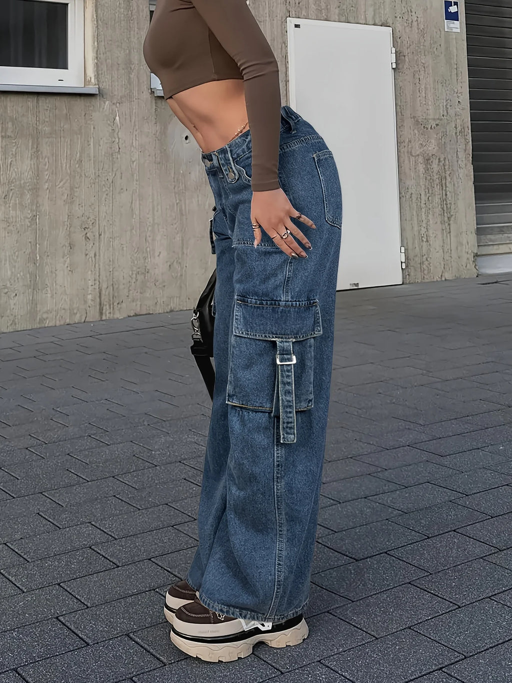 Women's Trendy Cargo Jeans Casual Street Style Zip Multi-Pocket Design With Flap Pockets Tape Elastic Waist Denim Pants