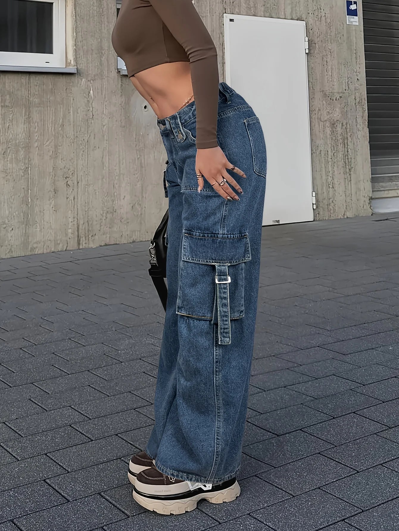 Women's Trendy Cargo Jeans Casual Street Style Zip Multi-Pocket Design With Flap Pockets Tape Elastic Waist Denim Pants