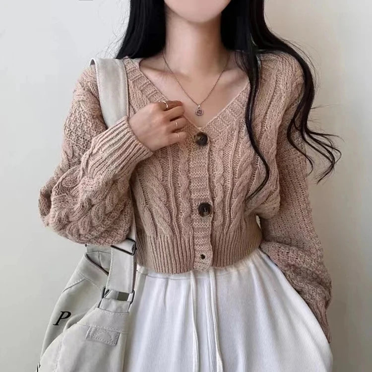 Cable Knit Crop Cardigan Sweater for Women Long Sleeve Button-up Boxy-fit Crop Sweater Jacket Teen-girl Fall Winter Y2K Outfit