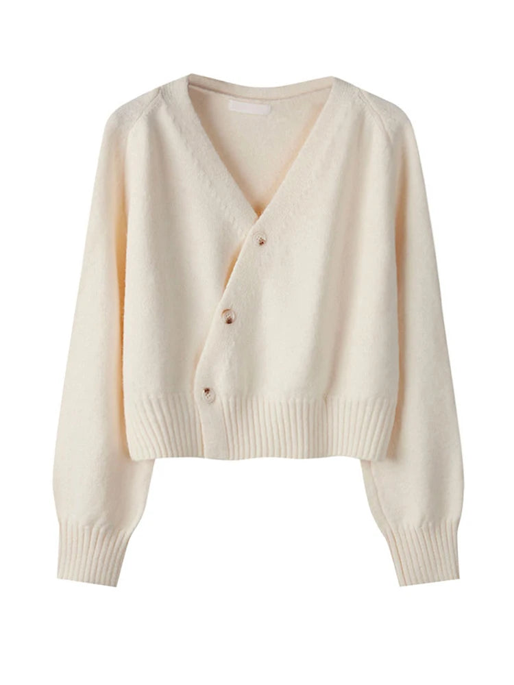 2025 Autumn Winter Skew Button Cardigan V-neck Sweater Women Knitted Long Sleeve Tops Korean Loose Solid Cashmere Woman Sweater