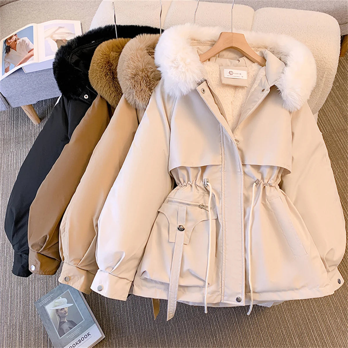 Women Autumn Winter Fashion Coats Korean Hooded Drawstring Padded Jackets Solid Female Casual Street Outfit Coat Zip Up Parkas