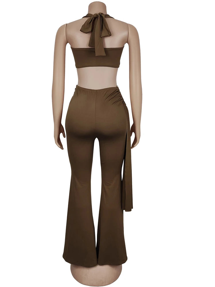 Beyprern New Chic Twist Front Crop Top And Long Straps Wide Legs Pants Set Womens Ruched Metal Tracksuits Set Night Out Overalls