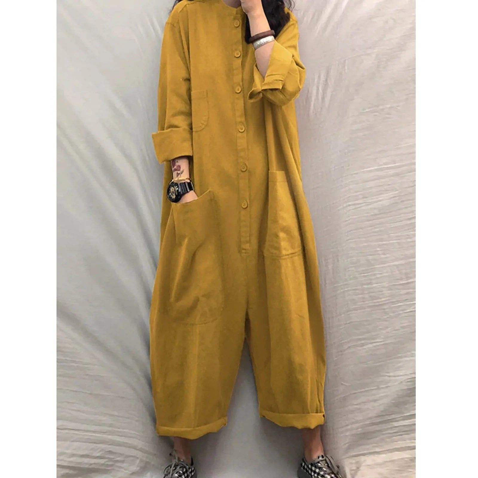 Women Jumpsuit 2024 Female Oversized Romper Autumn Loose Pockets Overalls Casual Solid Stand Collar Bottom