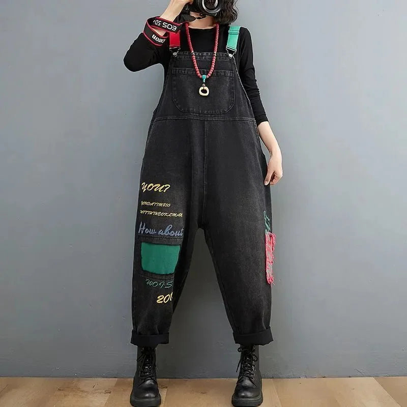 Autumn Winter Letter Embroidered Denim Backband Pants for Women's Korean Edition Loose Slim Casual Harlan jumpsuit Streetwear