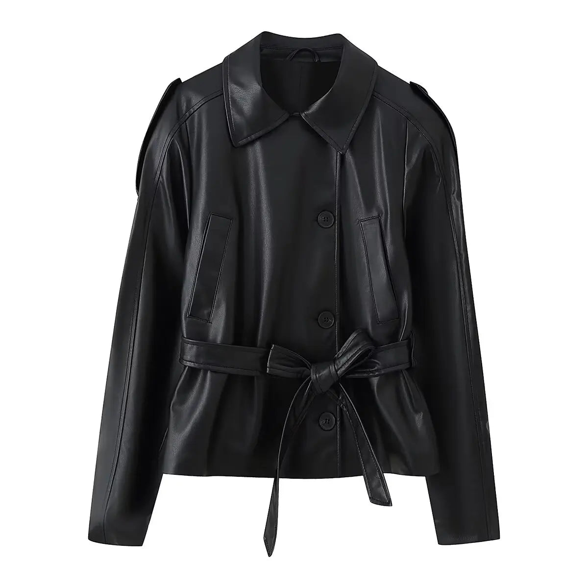 HH Women Autumn New Fashion Versatile Imitation Leather Short Windbreaker Coat Female Streetwear Slim Lapel Bow Belt Jacket