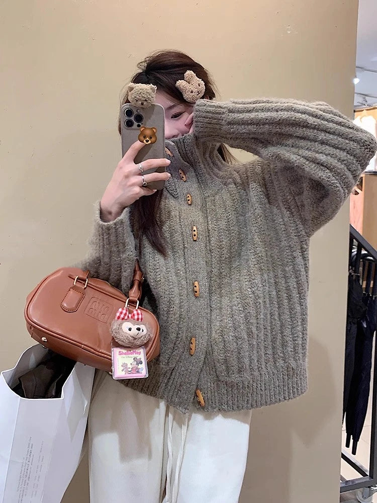 Vintage Horn Buckle Turtleneck Sweater Cardigan Jacket Winter Women's Elegant Loose Thickened Knitted Top