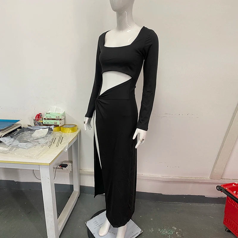 Summer Sexy Street Fashion Hollow Square Neck Long Sleeve Slit Dress Trendy Elegant Women's Gown for Party And Evening