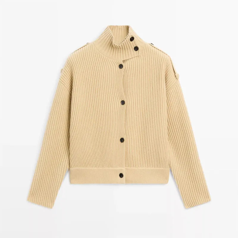 Elegant Solid Women Knitted Cardigan Pleated Stand Collar Single-Breasted Female Knitwear 2025 Autumn Winter Chic Lady Outerwear