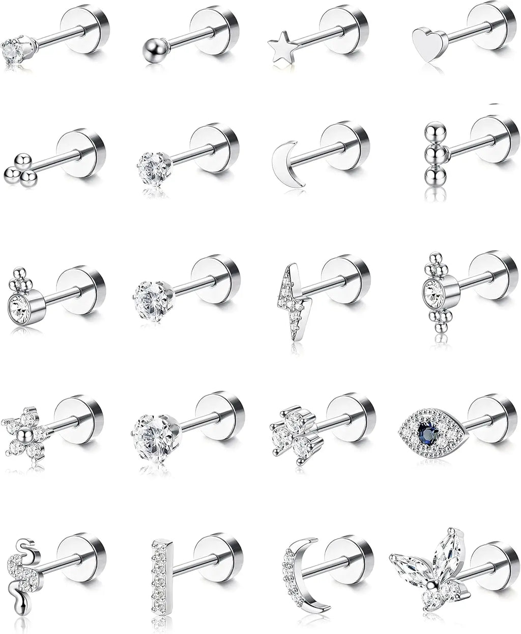 Bobisty 20PCS 20G Small Hypoallergenic Flat Back Stud Earrings Surgical Steel Cartilage Earrings Tiny Ball Heart Star Studs Set