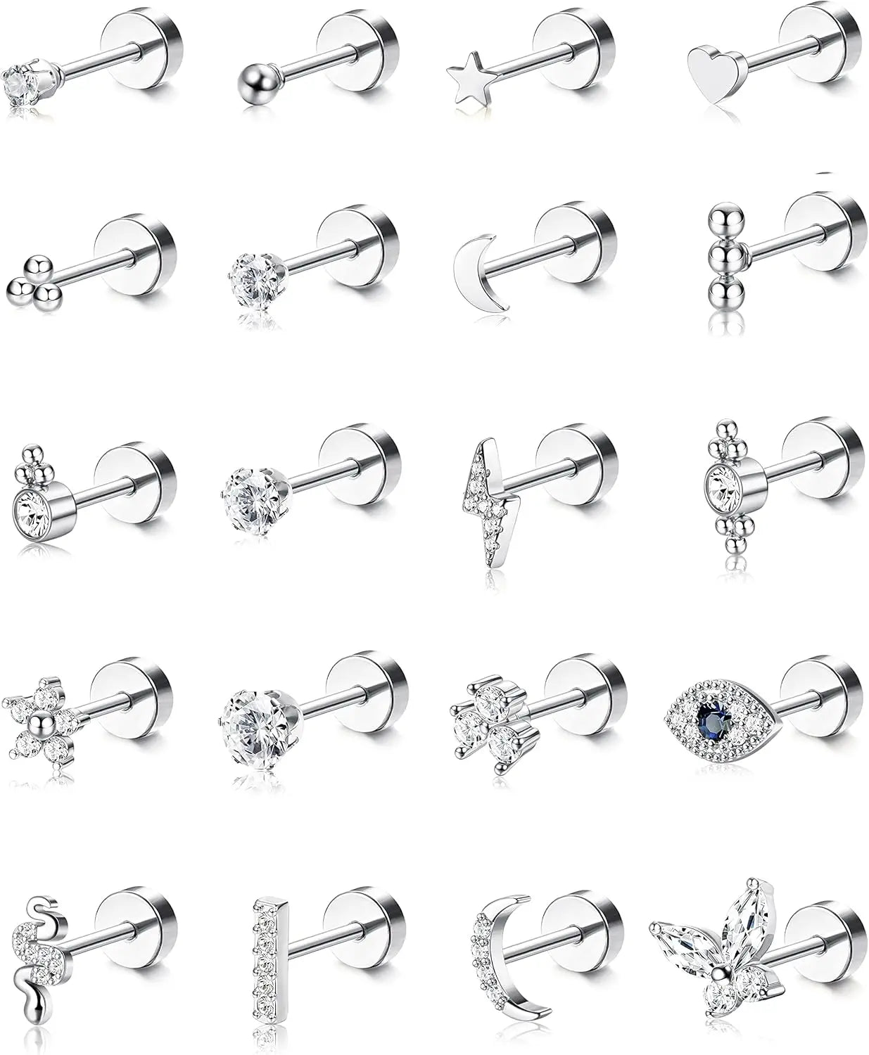 Bobisty 20PCS 20G Small Hypoallergenic Flat Back Stud Earrings Surgical Steel Cartilage Earrings Tiny Ball Heart Star Studs Set