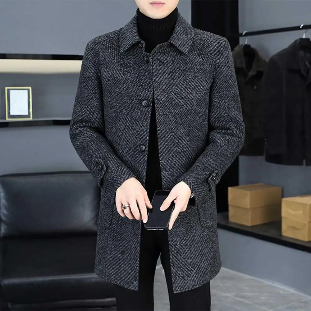 2025 New Men Woolen Coat Lapel Long Sleeve Single Breasted Mid-Length Overcoat with Pockets Casual Daily Wear