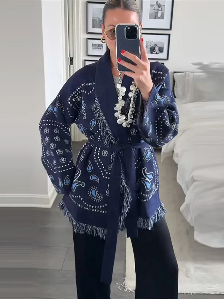 Tassel Patchwork Printed Cardigan Women Geometric Patterns Belts V-neck Long Sleeve Knitted Street Lady Sweater 2025 Autumn Coat