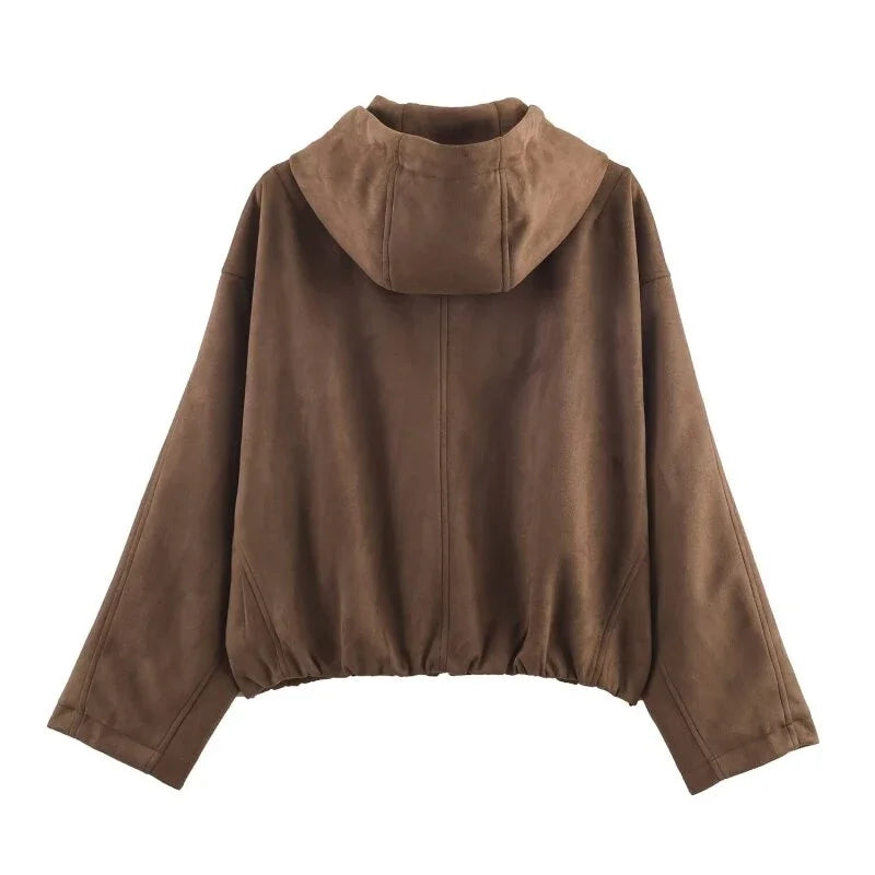 Women's Casual Pilot Hoodie Jacket Suede Surface Warm Zipper Coat Full Sleeves Loose Streetwear Fashion Top