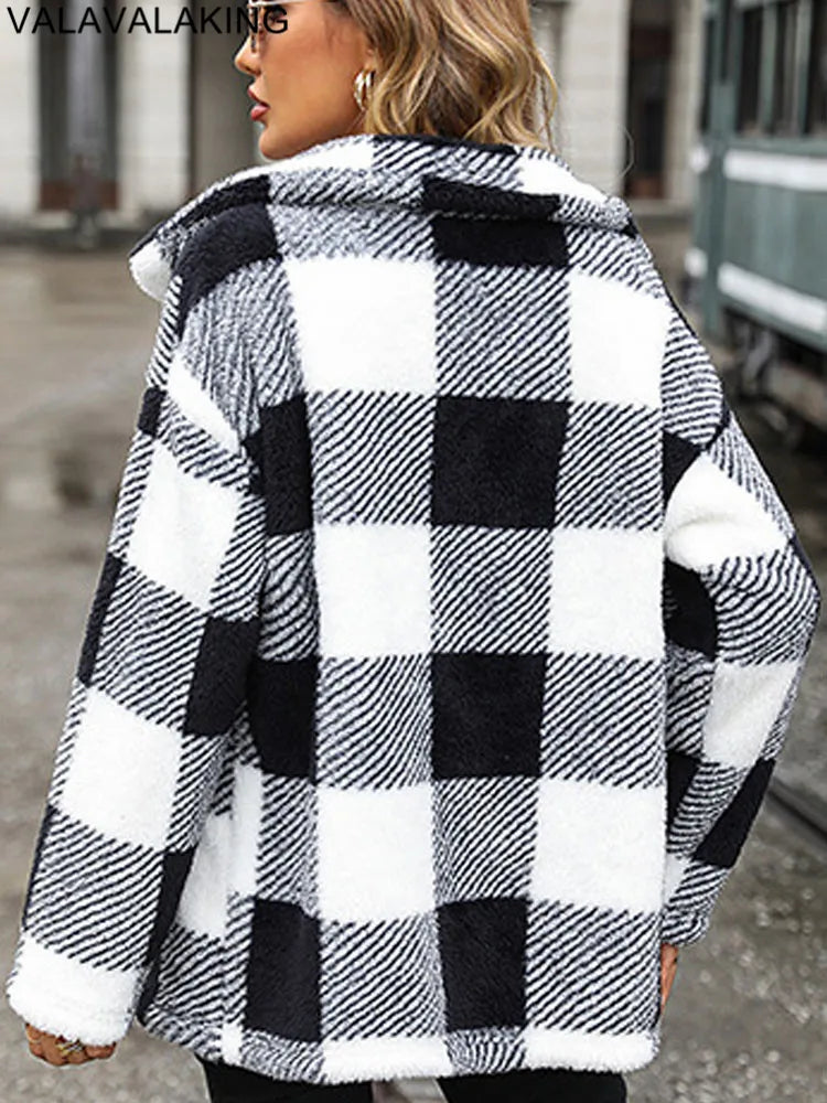 2025 Autumn Winter Long Sleeve Thick Jacket For Women Plush Warm Button Casual Coat Lady Elegant Loose Plaid Coat Female Clothes