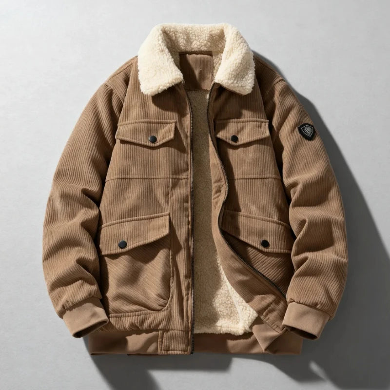 2025 Winter Collar Corduroy Jacket for Men, Casual, Comfortable, Loose, High Quality, Simple, Versatile,and Plush Jacket for Men