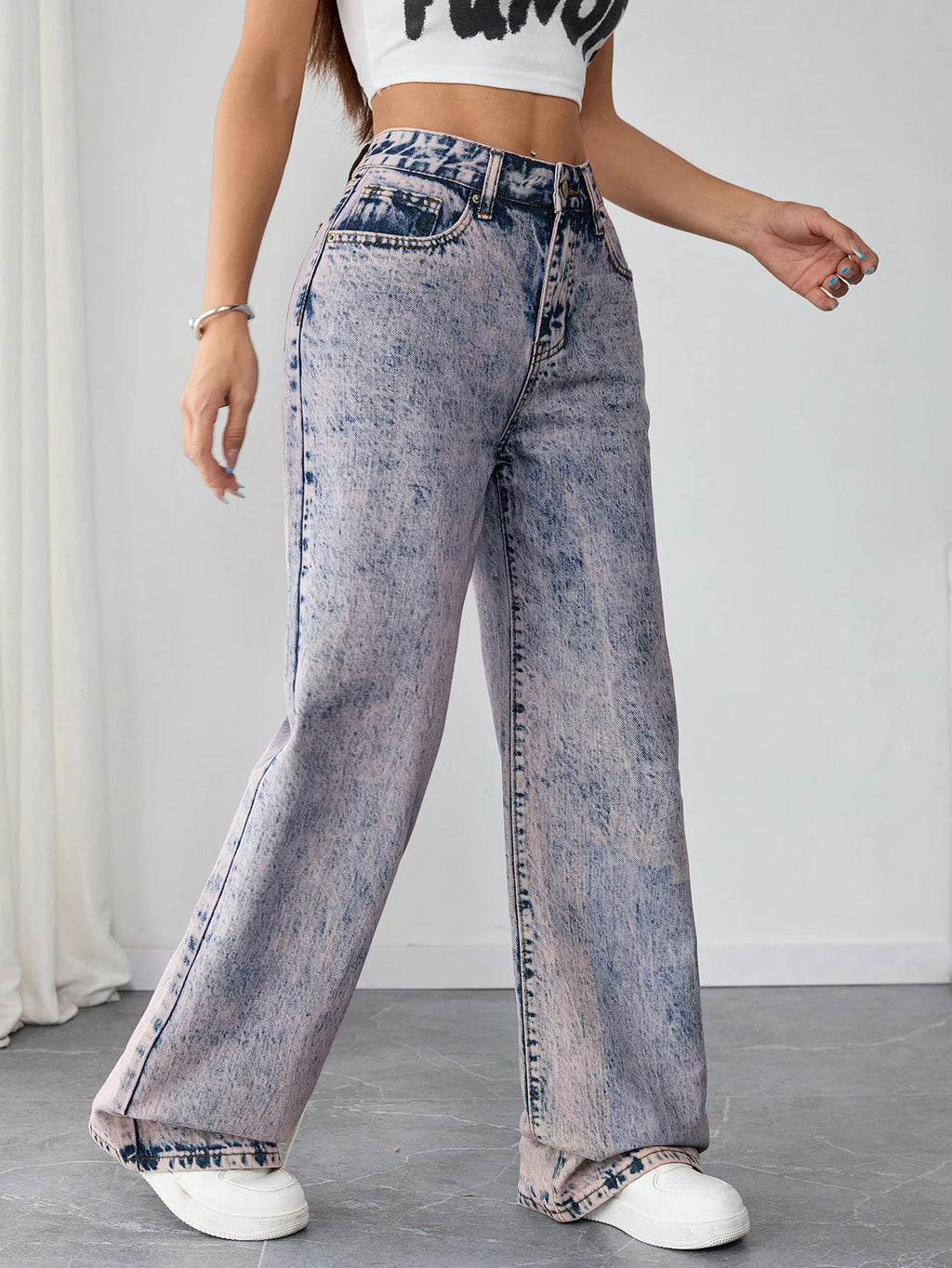 High Waist Vintage Acid Wash Denim Pants for Women Loose Fit Wide Leg Jeans Street Style Retro Y2K Clothing