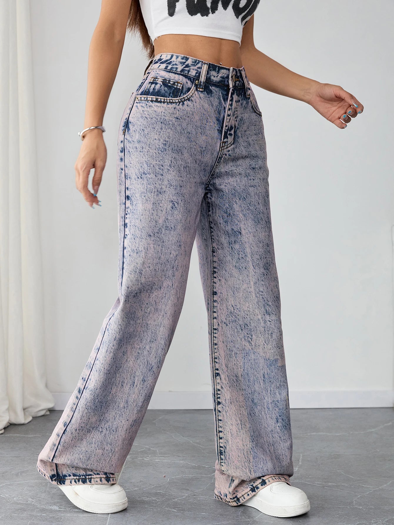 High Waist Vintage Acid Wash Denim Pants for Women Loose Fit Wide Leg Jeans Street Style Retro Y2K Clothing