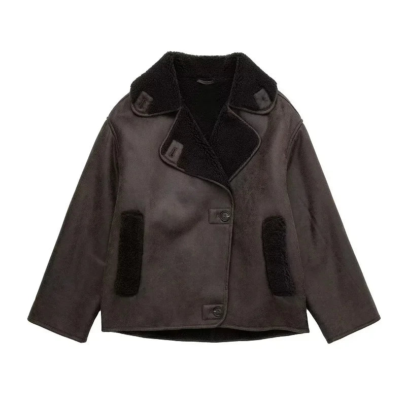 HXAO Woman Thick Faux Leather Jackets for Women Coat Autumn Winter Warm Wool Blends Coats Demi-season Plush Jacket Outerwear