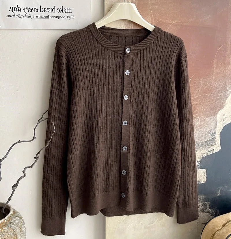 2025 Pure Color Long Sleeve Single Breasted Knitted Sweater Autumn Winter Women's Crew Neck Cardigan New Casual Versatile Tops