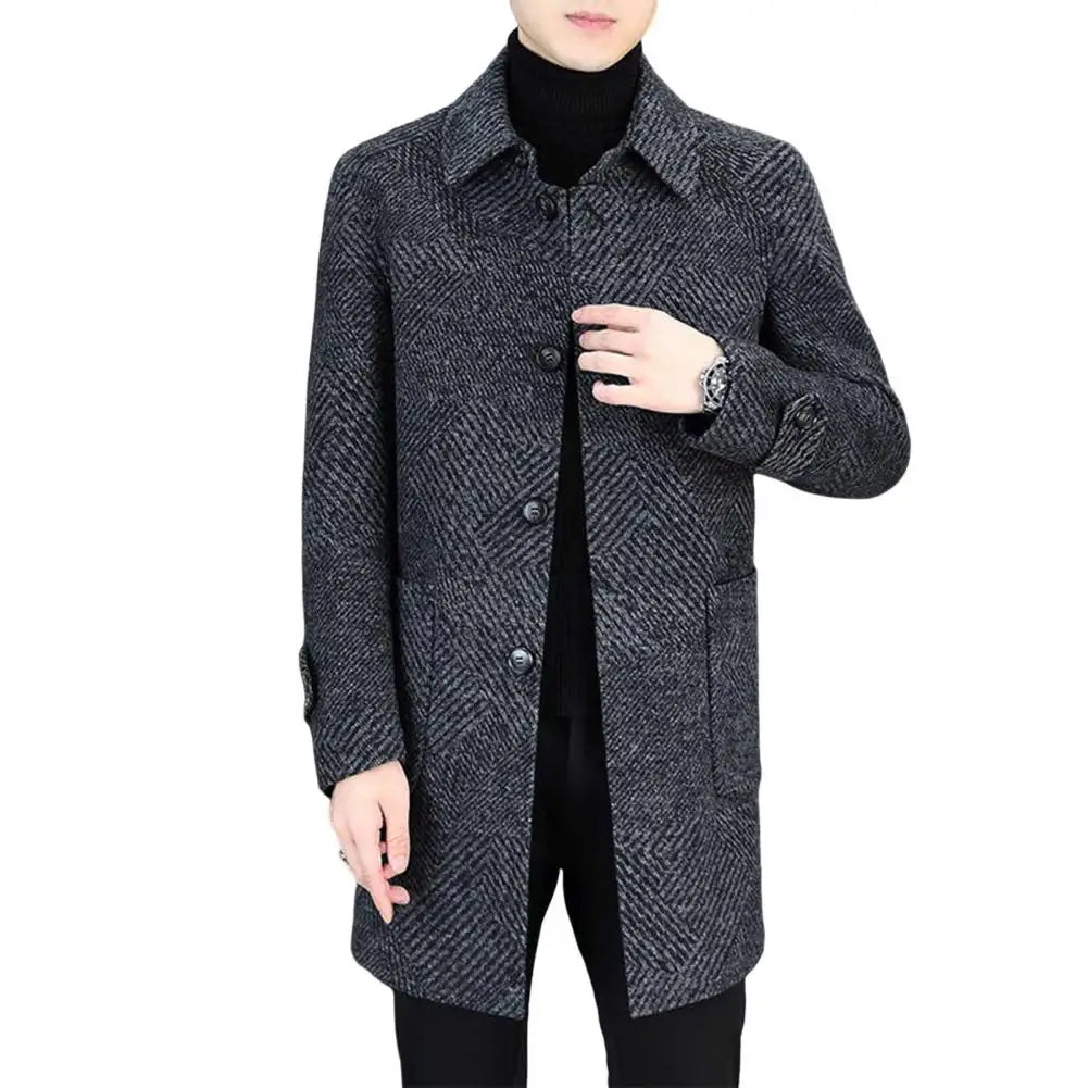 2025 New Men Woolen Coat Lapel Long Sleeve Single Breasted Mid-Length Overcoat with Pockets Casual Daily Wear