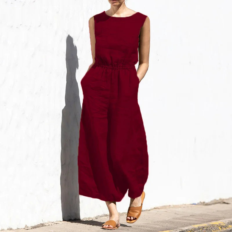 Women Fashion Wide Leg Pant Jumpsuit Summer Casual Solid O- Neck Sleeveless Pocket Playsuit Ladies Loose Boho One-Piece Pants