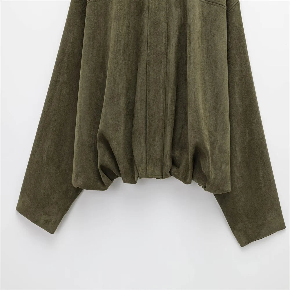 2025 Women Faux Suede Collared Jacket with Shoulder Straps Loose Fit Stylish Olive Green for Sale on