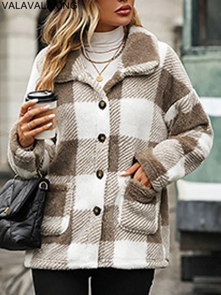 2025 Autumn Winter Long Sleeve Thick Jacket For Women Plush Warm Button Casual Coat Lady Elegant Loose Plaid Coat Female Clothes