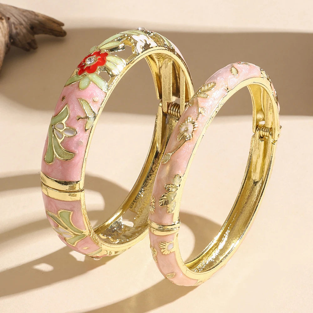 FTCY 2 PCS Enameled Bracelets For Women Vintage Hollowed Small Flower Cloisonne Women's Bangles Party Jewelry Gifts