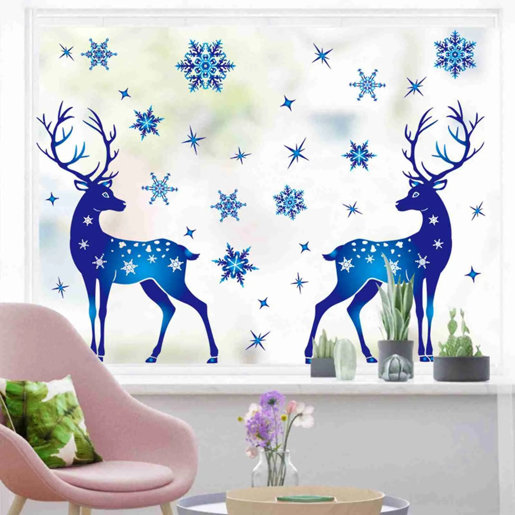 Christmas Window Clings Ornament Snowflake Sticker Glass Window Decoration Sticker Christmas Blue Snowflake Elk Wall Sticker