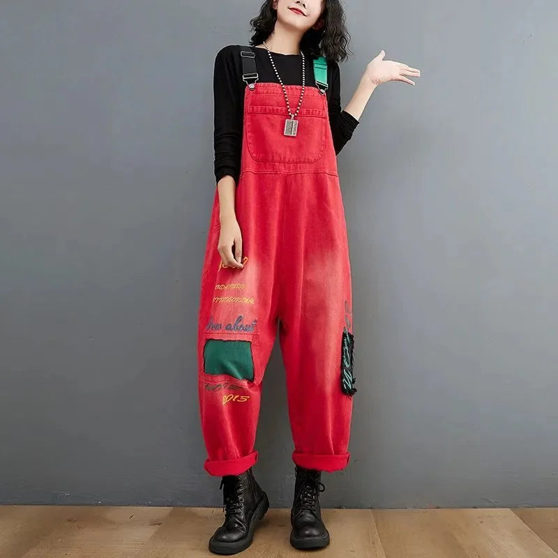 Autumn Winter Letter Embroidered Denim Backband Pants for Women's Korean Edition Loose Slim Casual Harlan jumpsuit Streetwear
