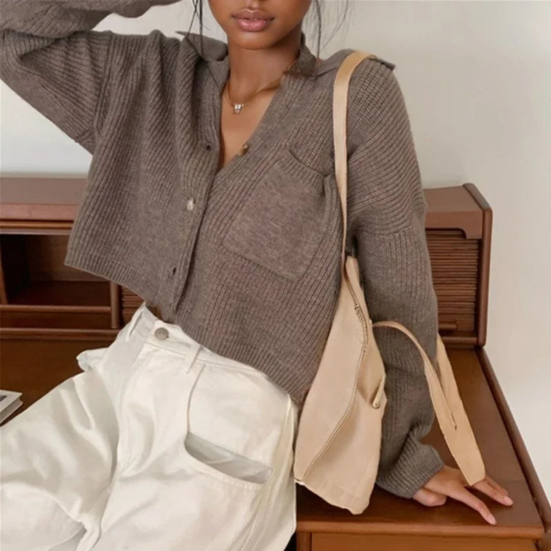 Elegant Autumn Winter Knitted Cardigan Short Sweater Women Long Sleeve Jackets Fashion Loose Casual Simple New Solid Short Top