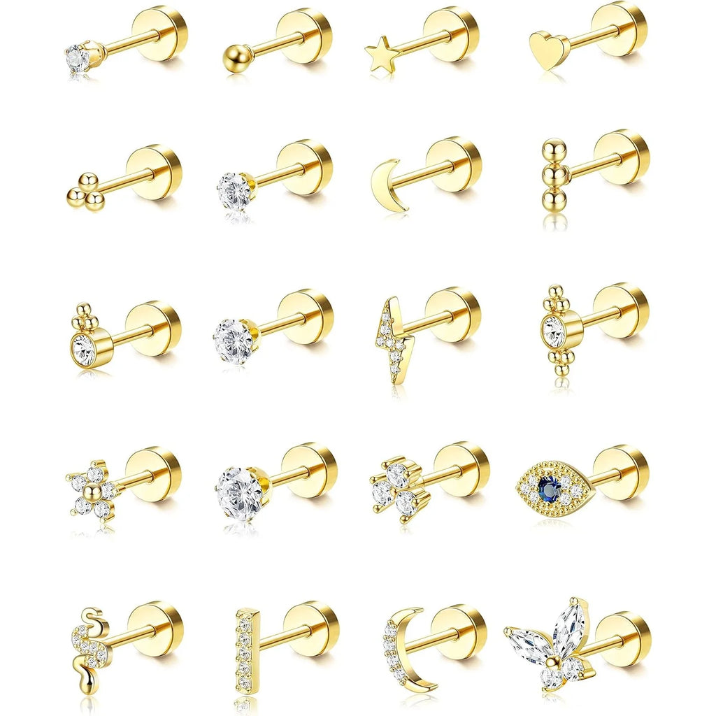 Bobisty 20PCS 20G Small Hypoallergenic Flat Back Stud Earrings Surgical Steel Cartilage Earrings Tiny Ball Heart Star Studs Set