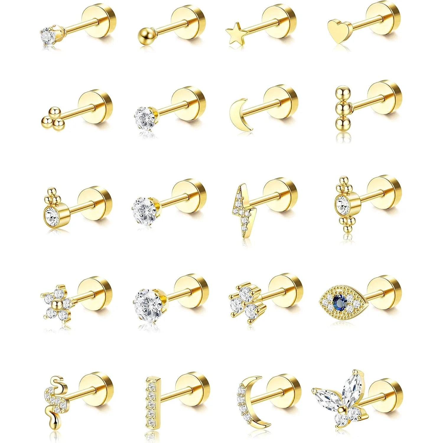 Bobisty 20PCS 20G Small Hypoallergenic Flat Back Stud Earrings Surgical Steel Cartilage Earrings Tiny Ball Heart Star Studs Set