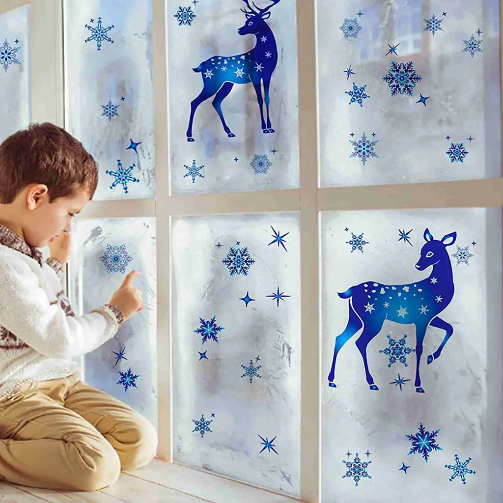 Christmas Window Clings Ornament Snowflake Sticker Glass Window Decoration Sticker Christmas Blue Snowflake Elk Wall Sticker