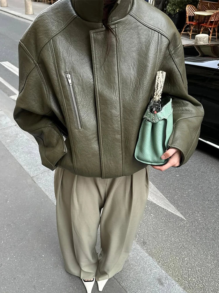 Green Patchwork Leather Short Jacket Women Casual Stand Collar Long Sleeve Loose Mini Coat 2025 Lady Autumn Daily Street Coats