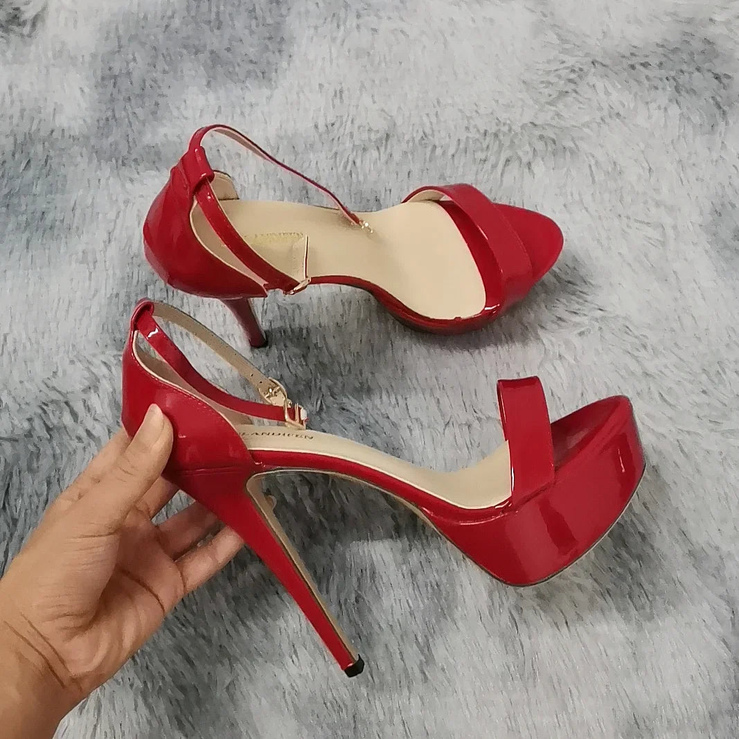 Women Sandals Sexy Open Toes 14cm Supper Flash High Heels Patent Leather Nighclub Platform Party Red Wedding Shoes Plus Size 44