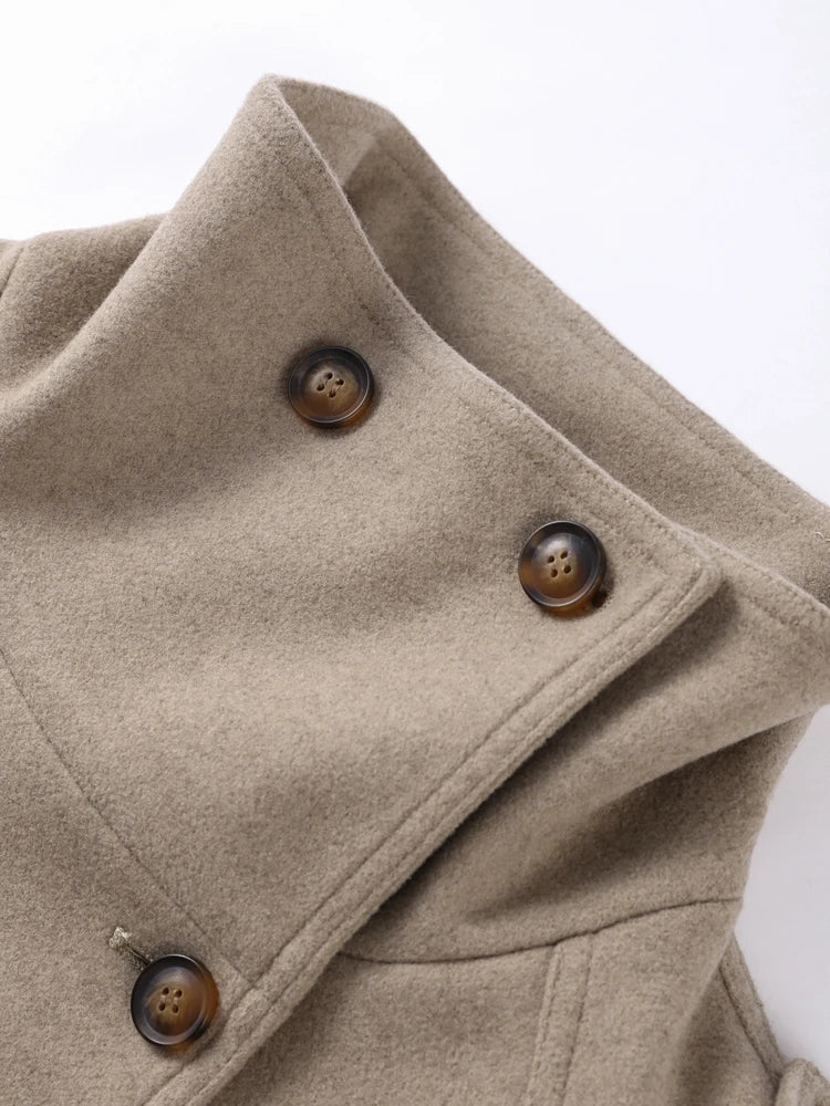 Fashion Women's Stand Collar Coat Long Sleeve Double-breasted Solid Pockets Jacket Female 2025 Autumn Winter Lady New Streetwear