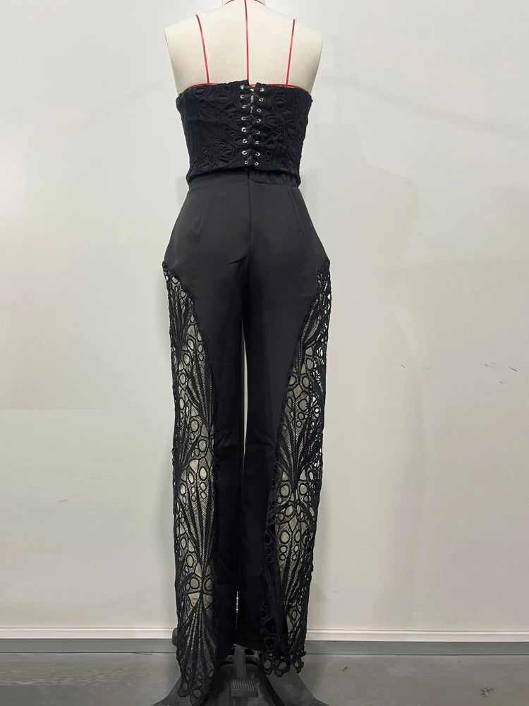 Beyprern Elegant Hollow Out Lace Breast Croset Tube Top And Wide Legs Pants Set Womens Lace Tracksuits Palazzo Set Sexy Clubwear