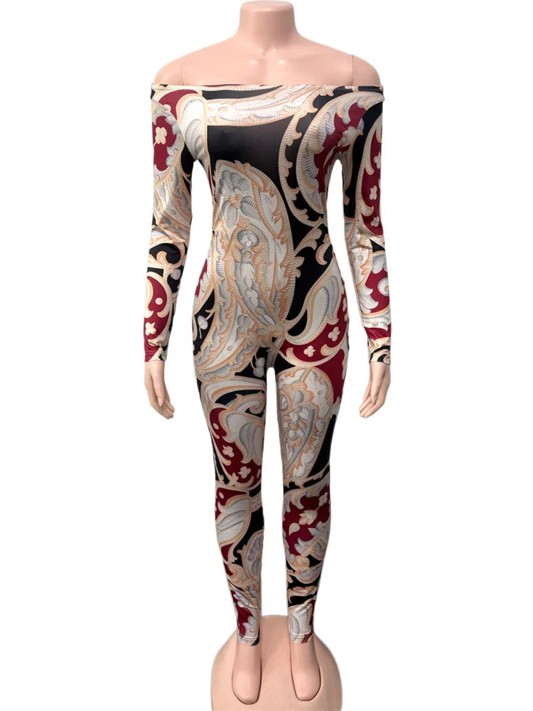 Weird Puss Slash Neck Jumpsuit Women Hipster Colorful Print Full Sleeve Stretch Skinny Fitness Activity Workout Slim Streetwear