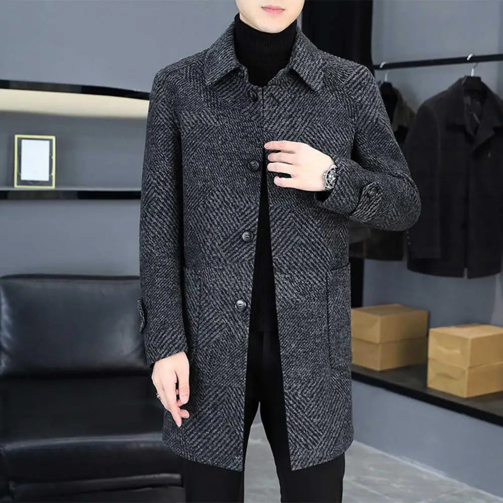 2025 New Men Woolen Coat Lapel Long Sleeve Single Breasted Mid-Length Overcoat with Pockets Casual Daily Wear