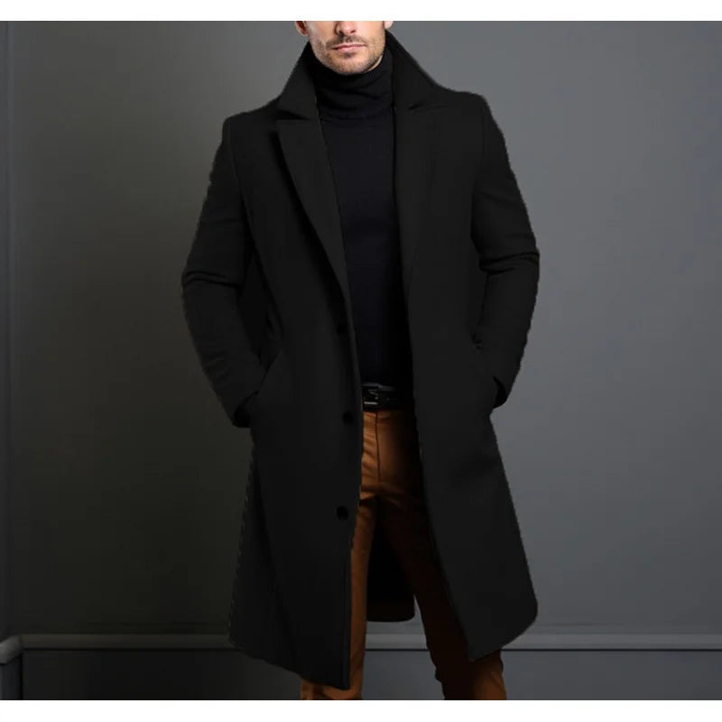 Woolen Coat Men's Long Solid Color Autumn Winter Woolen Coat Warm Youth Coat Trench Cardigan