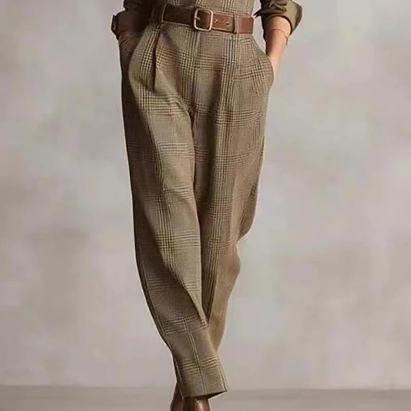 Elegant Button Lapel Shirt Jumpsuits Woman Vintage Plaid Print Pocket Slim Overalls Autumn Long Sleeve Female Clothing Bodysuits