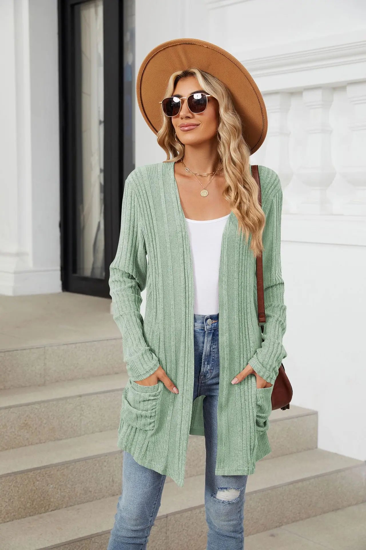 Autumn Winter New Solid Color Pit Stripe Brushed Pocket Cardigan Best Selle Long Sleeved Jacket for Woman Clothes